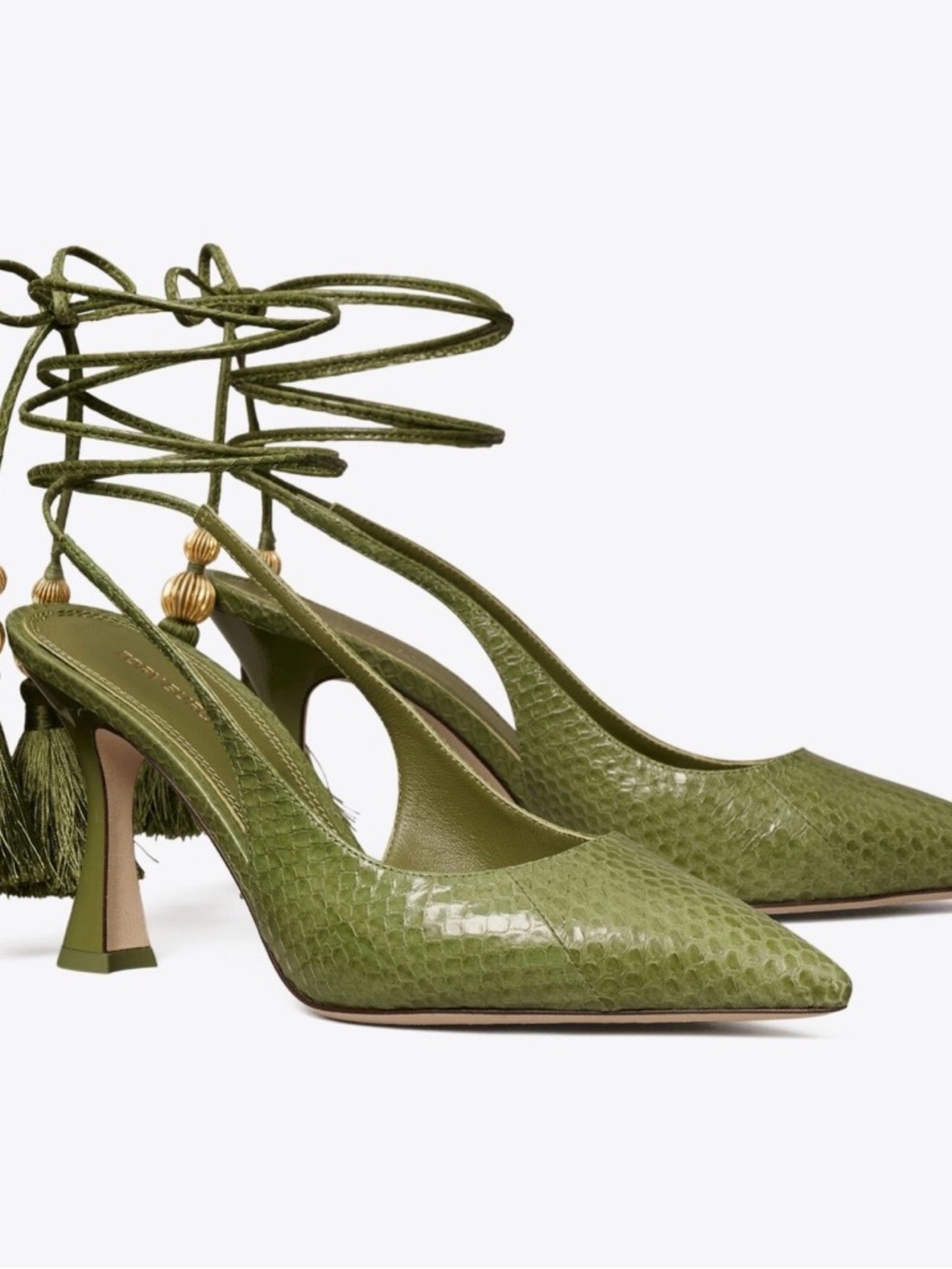 Tory Burch Olive Green Pointed-Toe Lace-Up Tassel Flats